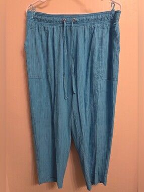 SOHO Light Blue Lagenlook Gauze Crop Pants L Smocked Waist Beach Coverup Boho
